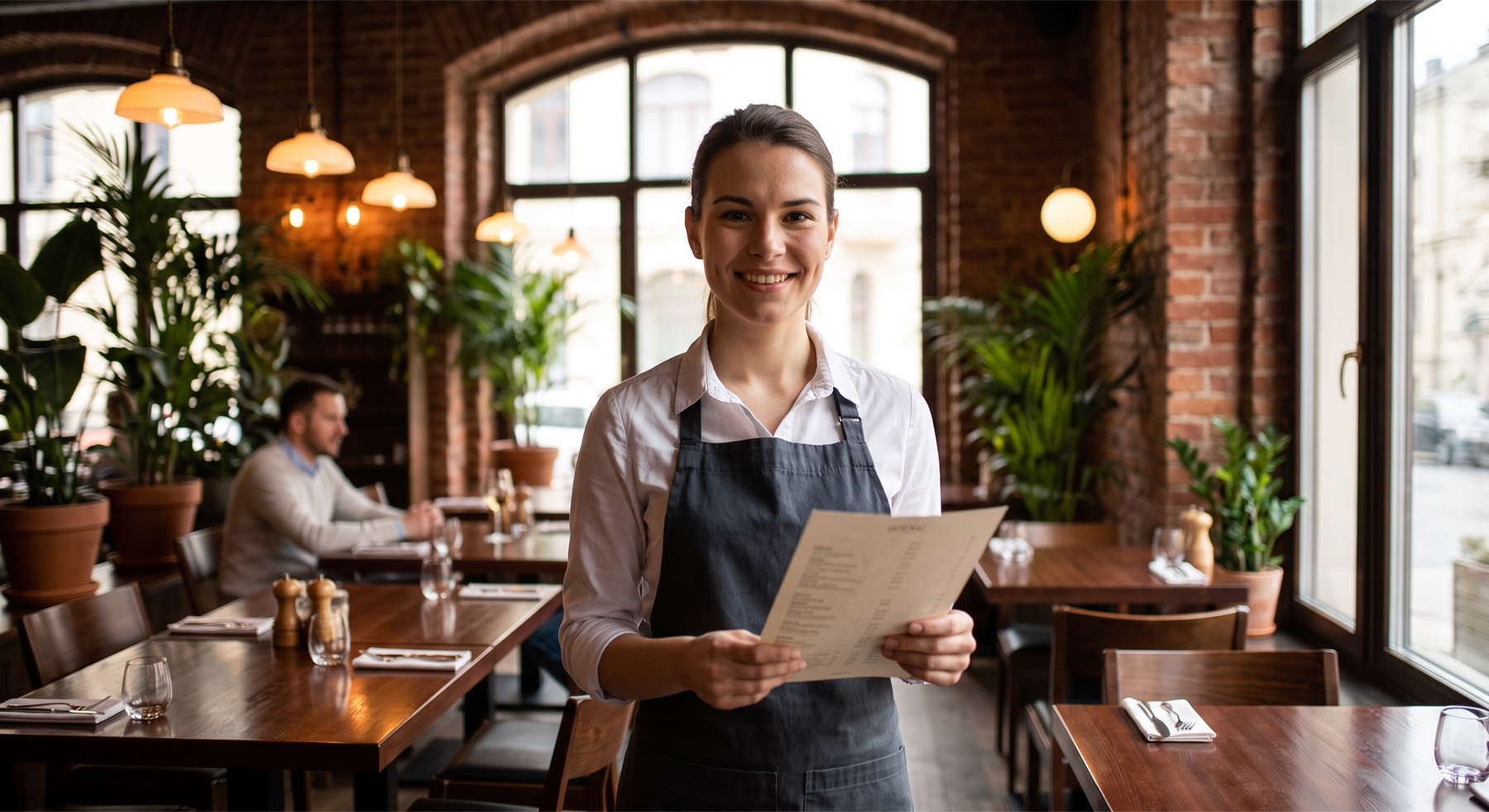 A server standing in a quiet dining room, holding a printed paper menu.