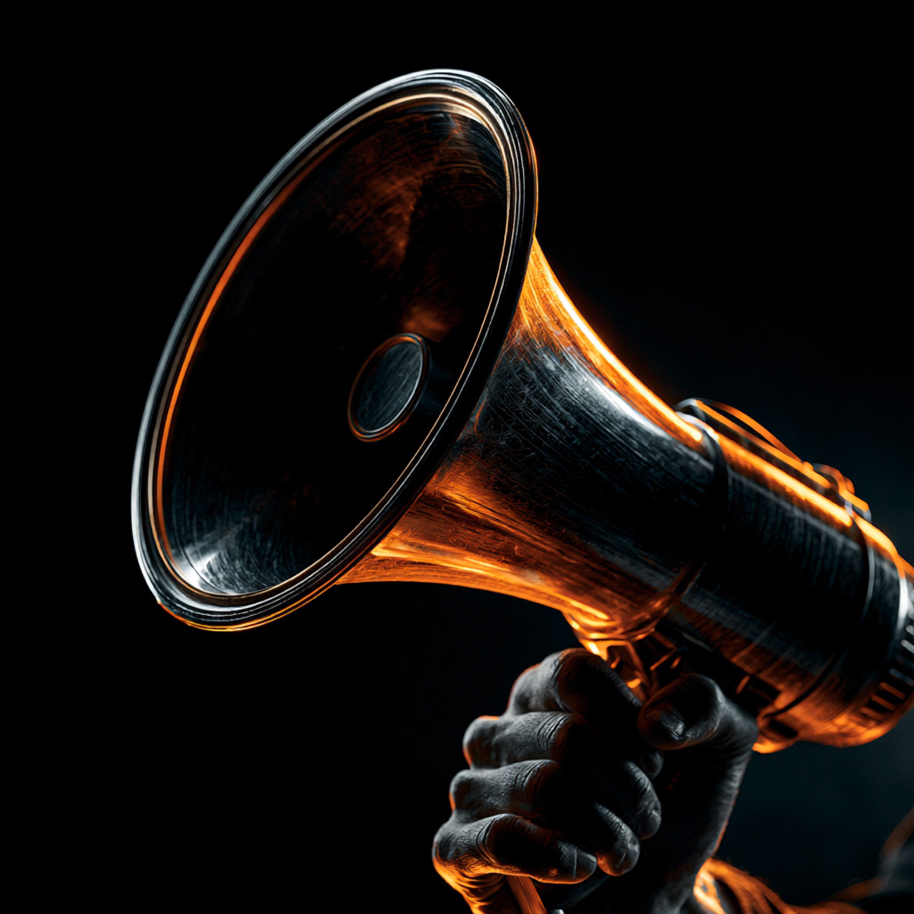 The same megaphone, turned away, its amber light spilling into the dark.