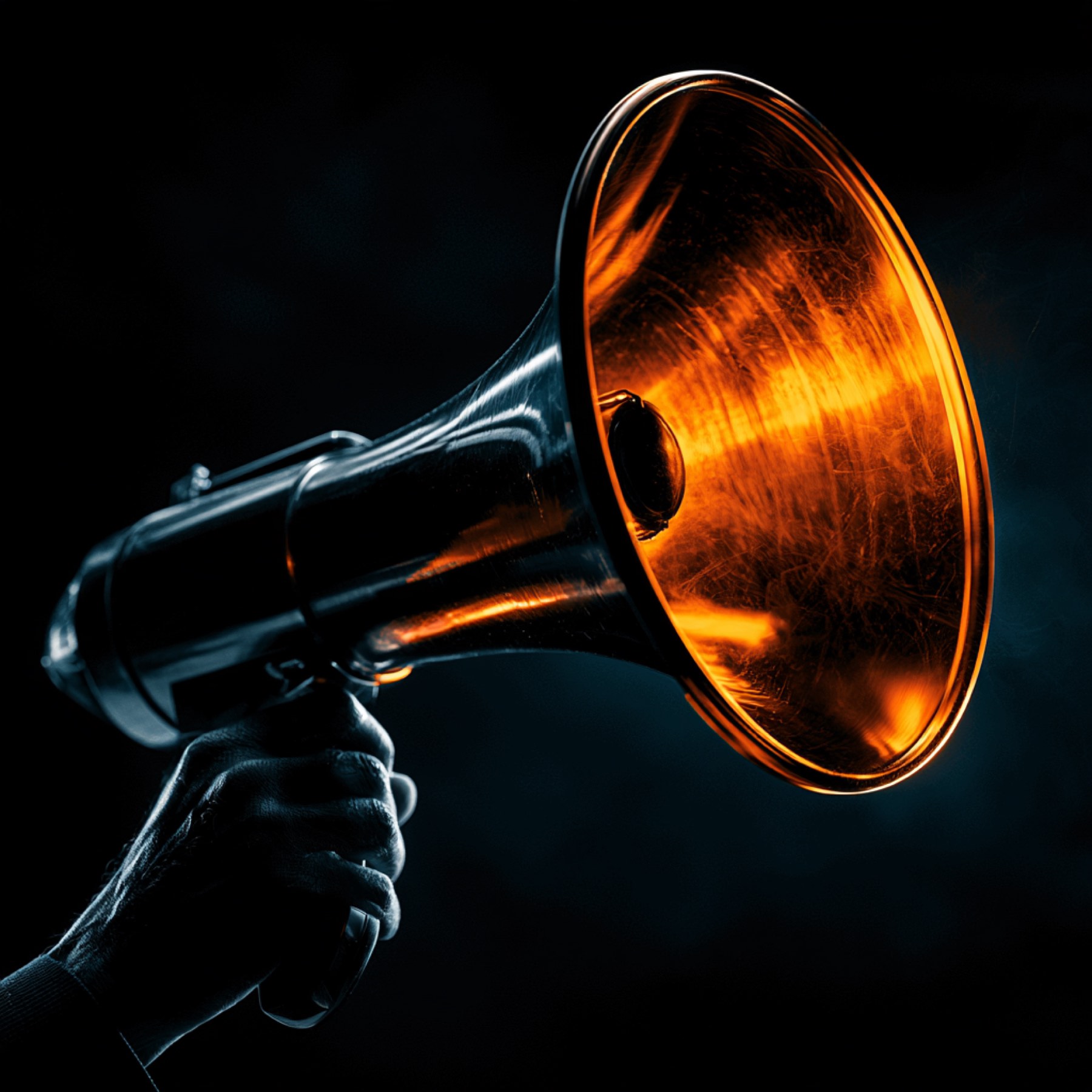 A megaphone lit from inside in amber, against black.