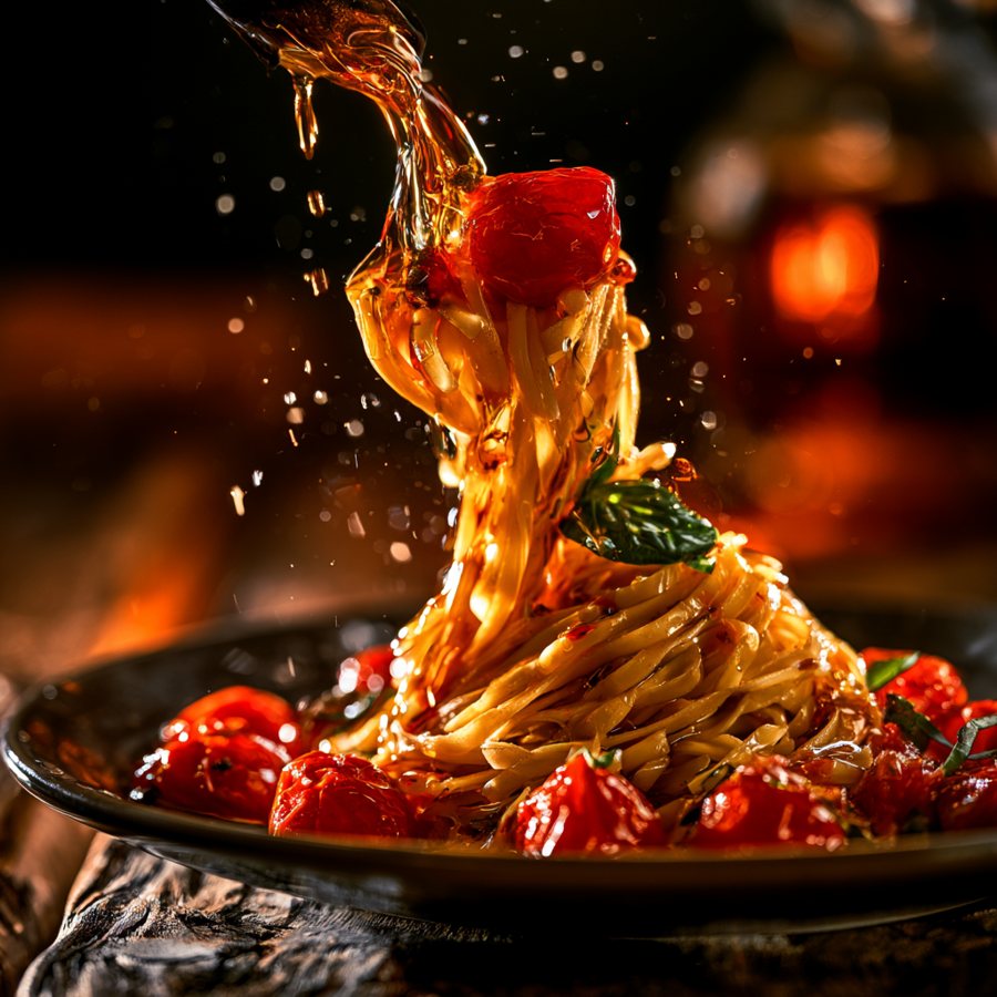 Sunday sauce tossed with fresh pasta over the fire, tomatoes glistening