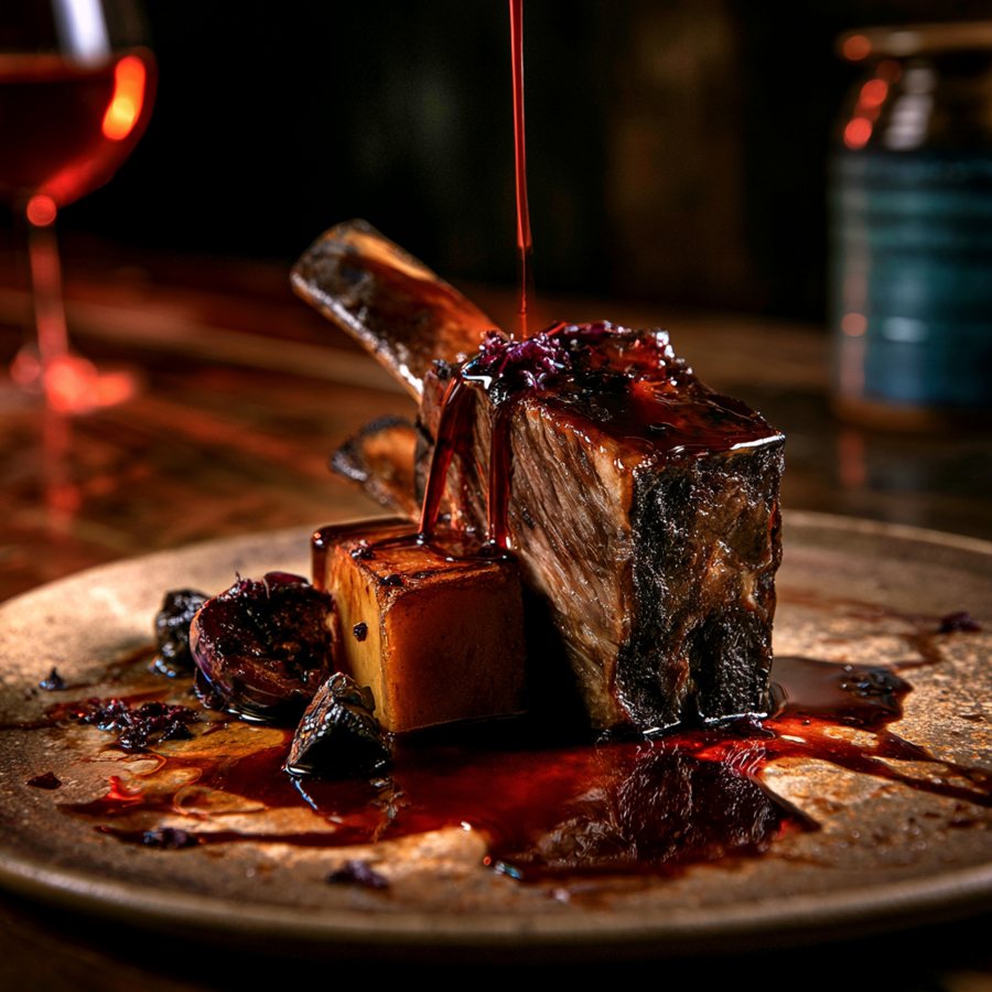 Ember-roasted short rib glazed dark, red-wine jus poured over