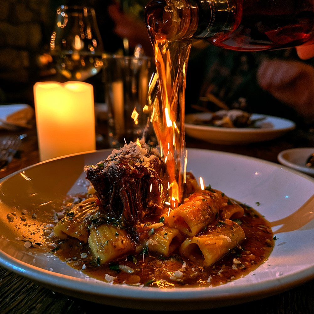 A plate arriving at a table, filmed by a guest
